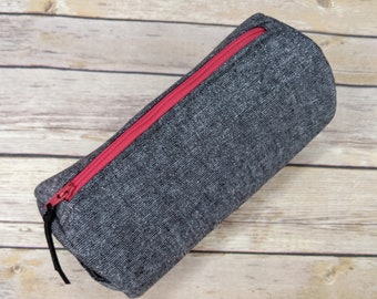 Gray Linen Cylinder Toiletry Bag, Red Alison Glass Print Cotton Lining, Top Zipper, Pencil Case