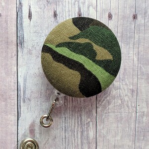 Camo Print Badge Clip ID Holder, Camouflage Print Cotton, Choice of Clip Styles, Green, Brown, Made in USA, Retractable Badge Reel image 2