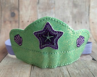 CLEARANCE Seashell Princess Headband Tiara, Mint Green Embroidered Glitter Canvas with Felt Starfish and Seashell and Starfish Embroidery