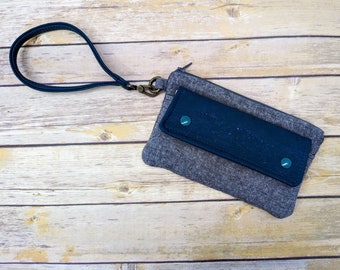 Linen and Cork Phone Wristlet, Gray Linen, Teal Cork with Polka Dot Lining, Top Zipper, Front Flap Pocket, Detachable Strap