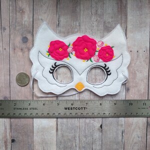 Floral Owl Felt Mask in Choice of 2 Sizes, White or Gray Acrylic Felt with Embroidery, Elastic Back, Kids Costume, Photo Booth Prop image 8