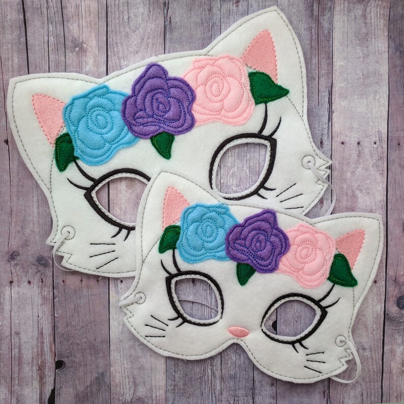 Floral Cat Mask, White With Blue, Pink, Purple Flowers, Embroidered Acrylic Felt, Elastic Back, Costume, Dress Up Kitty, Photos image 1