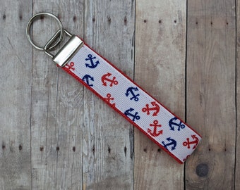 Anchor Print Key Fob Wristlet, Red Webbing & Ribbon with Nickel Metal Hardware and Key Ring, Carry Keys on Wrist, Gift for Teen