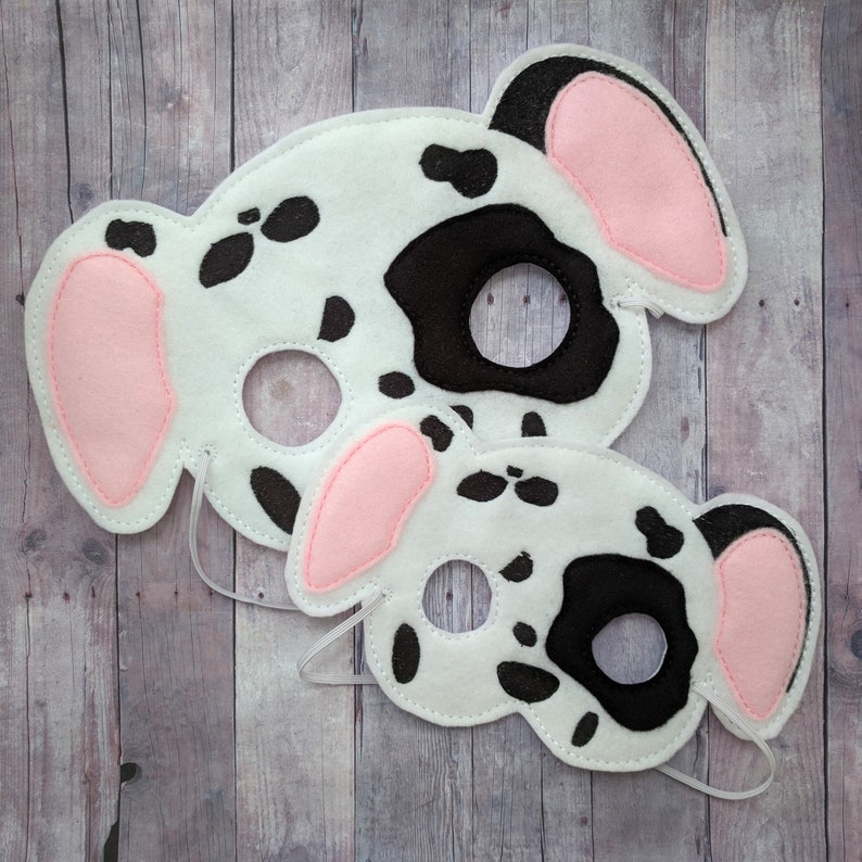 Dress Up Costume Elastic Back Halloween Dalmatian Dog Felt Mask in 2 Sizes Animal Mask Photo Prop Embroidered White Acrylic Felt