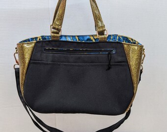 Tote Bag, Black Canvas, Gold Glitter Vinyl Exterior with Blue Marble Print Lining, Recessed Zipper Closure, Exterior and Interior Pockets