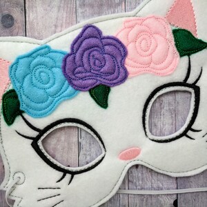 Floral Cat Mask, White With Blue, Pink, Purple Flowers, Embroidered Acrylic Felt, Elastic Back, Costume, Dress Up Kitty, Photos image 5