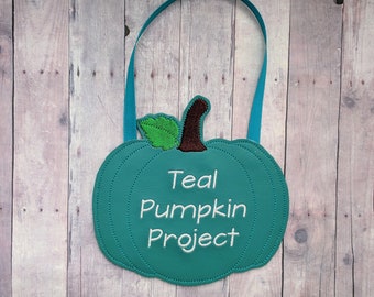 Teal Pumpkin Project (R) Door Sign, Embroidered Acrylic Felt or Vinyl with Ribbon Hanger, Food Allergy Awareness, Safe Trick or Treating