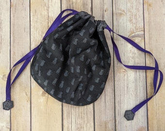 Cat Print Drawstring Bag, Black & Gray Cotton Fabric, Purple Lining, Great for Travel, Ready to Ship