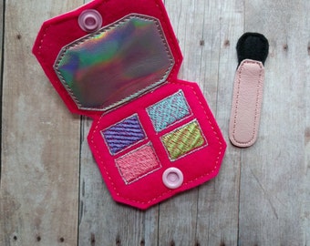 Play Makeup Eye Shadow Set, 2 Pieces, Embroidered Pink Felt and Vinyl, Snaps Closed, Pretend Compact, USA Made, Pretend Play