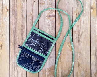 Navy Blue and Green Cross Body Phone Bag, Mesh Phone Pocket, Clear ID Pocket, Zipper Pocket, Great for Walks and Errands, One of a Kind