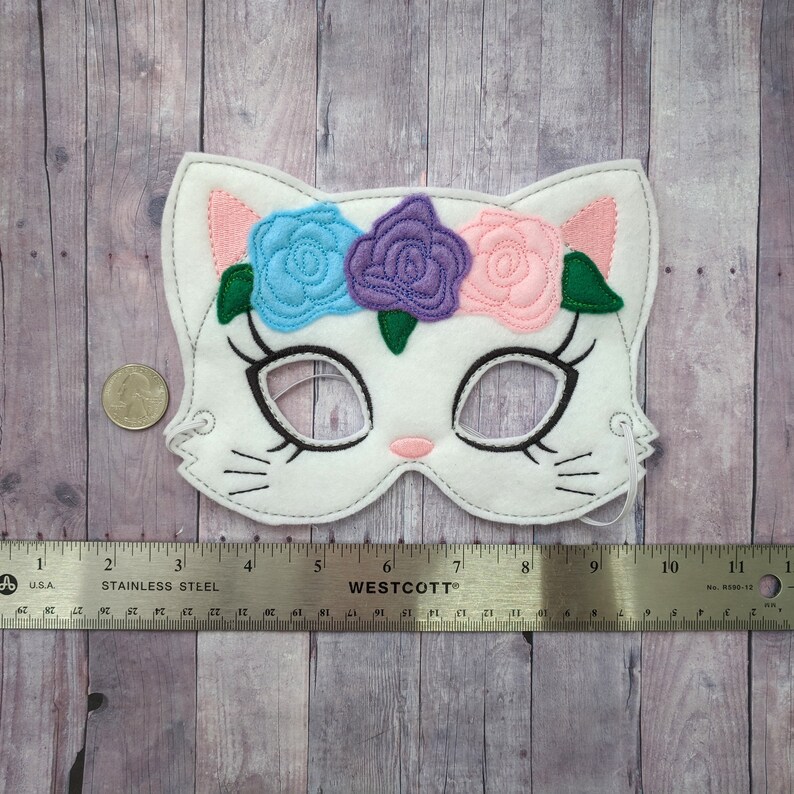 Floral Cat Mask, White With Blue, Pink, Purple Flowers, Embroidered Acrylic Felt, Elastic Back, Costume, Dress Up Kitty, Photos image 8