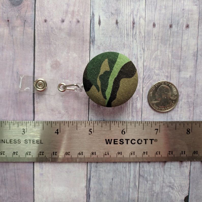 Camo Print Badge Clip ID Holder, Camouflage Print Cotton, Choice of Clip Styles, Green, Brown, Made in USA, Retractable Badge Reel image 4