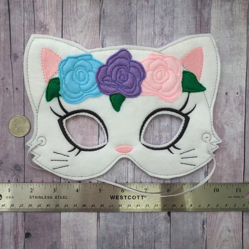 Floral Cat Mask, White With Blue, Pink, Purple Flowers, Embroidered Acrylic Felt, Elastic Back, Costume, Dress Up Kitty, Photos image 7