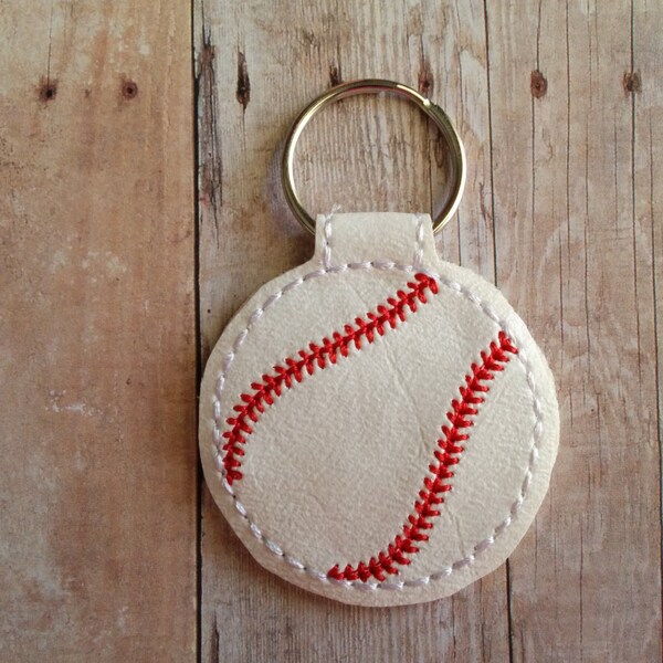 Baseball Key Chain, White Vinyl with Red Embroidery, Hand Cut, on Split Key Ring, Sports Key Fob, Little League Key Fob