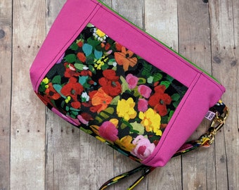 Floral & Hot Pink Wristlet, Floral Print with Green Lining, Fully Lined, Top Zipper, Front Pocket, Detachable Strap, Ready to Ship