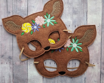 Floral Fawn Deer Felt Mask, Choice of 2 Sizes, Copper Acrylic Felt with Embroidered Flower Crown, Elastic Back, Costume, Easter Mask