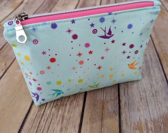 Mint Pastel Small Zipper Bag, Tula Pink Fairy Dust Print Cotton Fabric, Pink Print Lining, Metal-Look Zipper, Cosmetic Pouch, Ready to Ship
