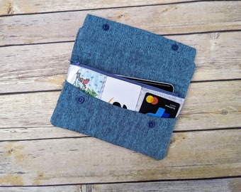 Blue Linen Wallet with White Geometric Print Cotton Fabric Lining, 3 Card Pockets, Zipper Pocket, Snap Closure, Ready to Ship