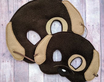 SALE Brown Patch Dog Felt Mask in Choice of 2 Sizes, Embroidered Brown Acrylic Felt, Elastic Back, Halloween Costume, Animal Mask Photo Prop