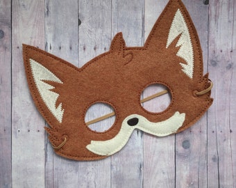 Fox Felt Mask, Copper Acrylic Felt with Embroidery & Applique, Elastic Back, Halloween Costume, Dress Up, Photo Booth, Ready to Ship