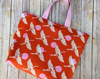 Egret Print Large Tote Bag with Manatee Lining, Orange-Red and White with Lavender Lining, Pink Webbing Handles, Zippered Closure