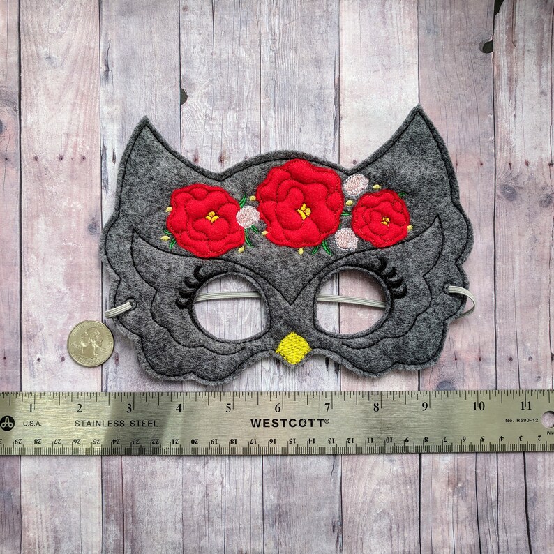 Floral Owl Felt Mask in Choice of 2 Sizes, White or Gray Acrylic Felt with Embroidery, Elastic Back, Kids Costume, Photo Booth Prop image 9