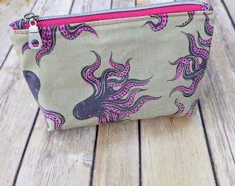 Octopus Small Zipper Bag, Beige Octopus Print Cotton Fabric, Pink Waterproof Lining, Metal-Look Zipper, Cosmetic Pouch, Ready to Ship
