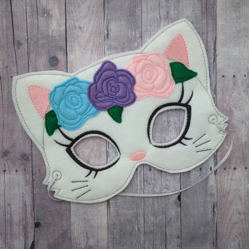 Floral Cat Mask, White With Blue, Pink, Purple Flowers, Embroidered Acrylic Felt, Elastic Back, Costume, Dress Up Kitty, Photos L