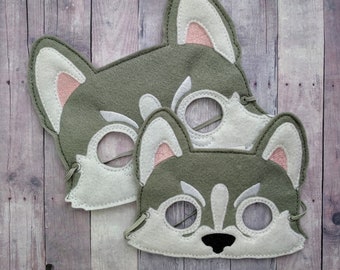 Husky Dog Felt Mask in Choice of 2 Sizes, Embroidered Gray & White Acrylic Felt, Elastic Back, Animal Mask, Halloween Costume, Photo Prop