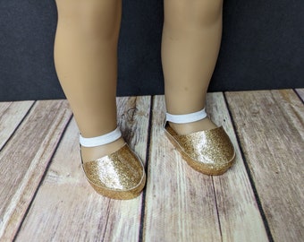 18" Doll Shoes, Mary Jane Style, Glitter in Several Colors, Elastic Strap, Fits American Girl and Our Generation