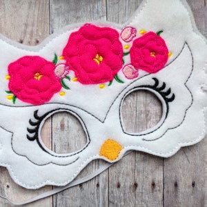 Floral Owl Felt Mask in Choice of 2 Sizes, White or Gray Acrylic Felt with Embroidery, Elastic Back, Kids Costume, Photo Booth Prop image 3