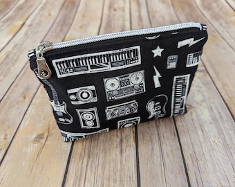 Rock Music Instruments Small Zipper Bag, Black Print Cotton Fabric, Mix Tape Print Lining, Metal-Look Zipper, Cosmetic Pouch, Ready to Ship