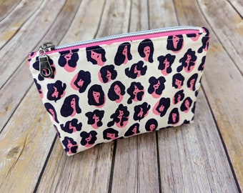 Leopard Lady Small Zipper Bag, Pink, Ivory & Black Print Cotton Fabric, Solid Lining, Metal-Look Zipper, Cosmetic Pouch, Ready to Ship