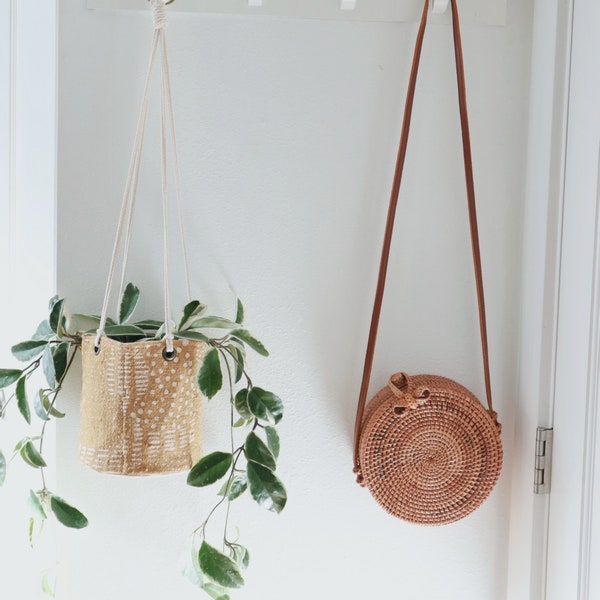 Mudcloth Plant Basket or Hanging Basket - MUSTARD DOTTED WAVES