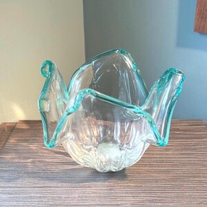 Vintage Murano Glass Bowl Aqua Flower Shaped Large Freeform Art Glass