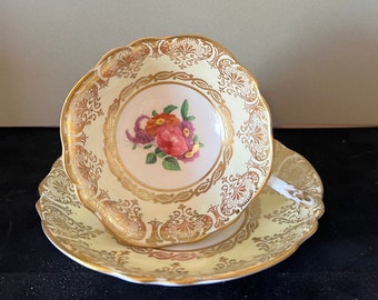 Vintage Paragon Teacup & Saucer - Pale Yellow Floating Bouquet Gold Filigree Double Warrant 1930s-40s