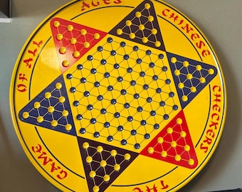 Tabuleiro de Damas Chinesas Vintage em Lata com Fundo Amarelo - Decoração Retrô para Sala de Jogos e Escritório