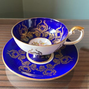 Vintage Aynsley Fine Bone China Teacup & Saucer - Cobalt Blue Footed Heavy Gold Filigree Roses Signed JA Bailey 1543T