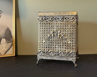 Vintage Brass Gold Tone Filigree Metal Tissue Box with Cherubs