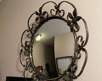 Vintage Round Convex Wall Mirror in Ornate Metal Silver & Gold Tone Floral Filigree Frame - Witches Mirror