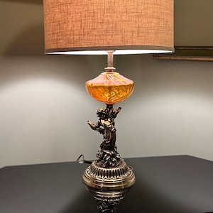 Vintage Hollywood Regency Amber Glass & Brass Cherub Table Lamp - Ornate Accent Lamp