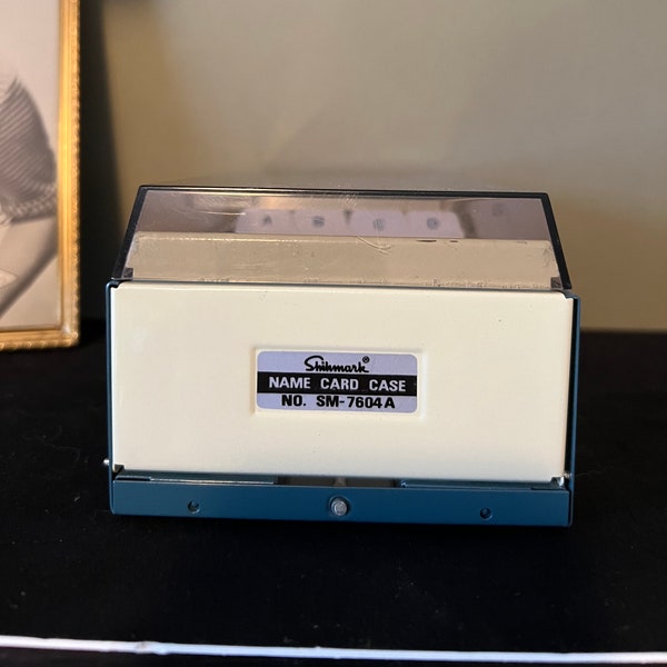 Vintage Shihmark Name Card Case No. SM-7604A - Blue and White Metal Business Card Holder Index & Organizer - Retro Office Decor Rolodex