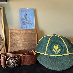 Vintage Wolf Cubs Cap, Boy Scouts Leather Belt and Diary circa 1937 - Boy Scouts of Canada Memorabilia Collectibles