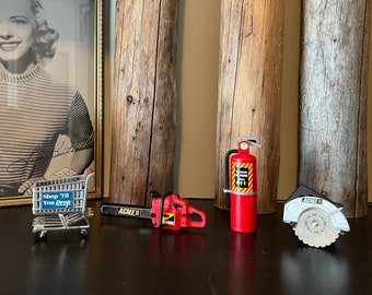 Miniature Acme Fridge Magnets: Saw, Shopping Cart, Coffee Percolator
