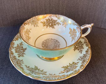 Vintage Paragon Teacup & Saucer: Mint Green, Gold Filigree, 1940s Bone China