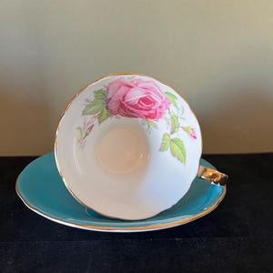 Vintage 1930s Turquoise Aynsley Corset Bone China Teacup & Saucer with Large Cabbage Rose C957