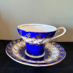 Cobalt Blue Aynsley Corset Tea Cup & Saucer Gold Floral Chain - Vintage Bone China