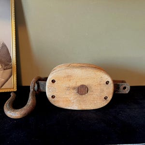 Antique Wooden Block & Tackle Pulley with Iron Hook - Anvil Brand Pulley - Rustic Industrial Decor