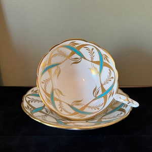 Vintage Royal Stafford Bone China Teacup and Saucer: Teal Blue Gold Weave
