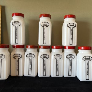 7 Vintage Griffith Milk Glass Spice Jars With Red Metal Lids